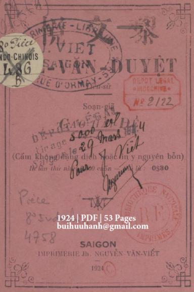 Lê Văn Duyệt Tiểu Sử (NXB Nguyễn Văn Viết 1924) - Cao Hải Để, 53 Trang