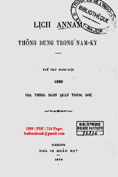 Lịch Annam Thông Dụng Trong Sáu Tỉnh Nam Kỳ (NXB Quản Hạt 1899) - Nhiều Tác Giả, 216 Trang