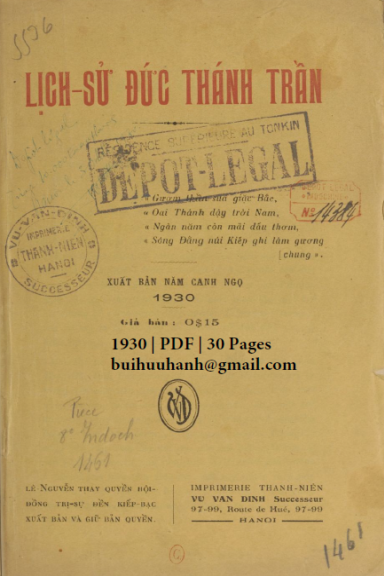 Lịch Sử Đức Thánh Trần (NXB Thanh Niên 1930) - Lê Nguyễn, 30 Trang
