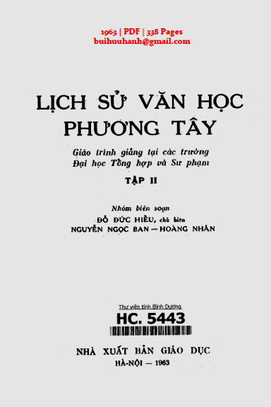 Lịch Sử Văn Học Phương Tây Tập 2 (NXB Giáo Dục 1963) - Đỗ Đức Hiểu, 338 Trang