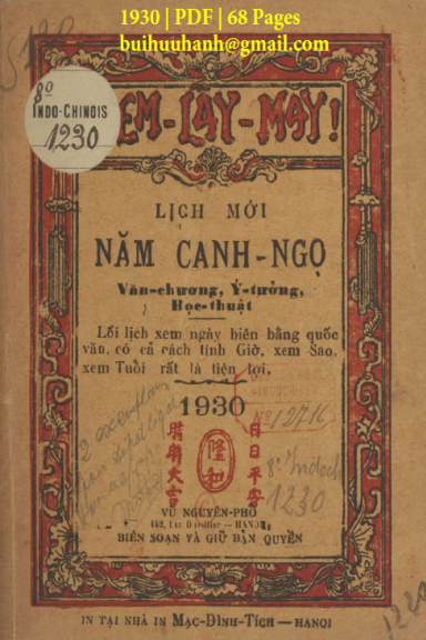Lịch Xem Lấy May (NXB Mạc Đình Tích 1930) - Vũ Nguyên Phổ, 68 Trang