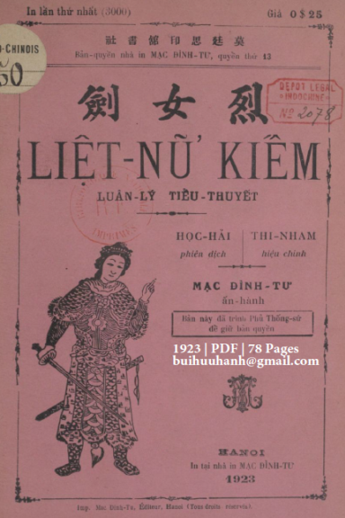 Liệt Nữ Kiếm (NXB Mạc Đình Tư 1923) - Học Hải, 78 Trang