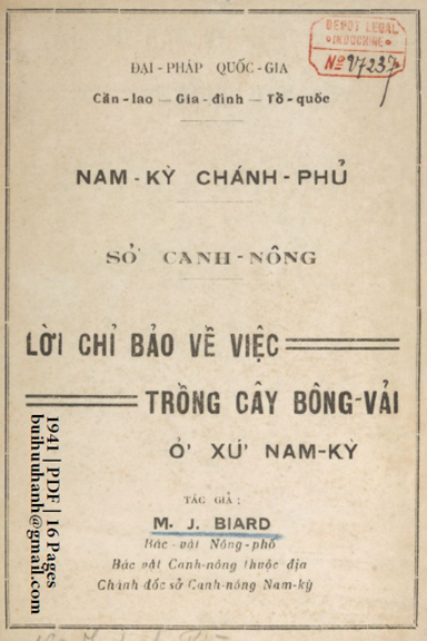 Lời Chỉ Bảo Về Việc Trồng Cây Bông Vải Ở Xứ Nam Kỳ (NXB Khoa Học 1941) - M. J. Biard, 16 Trang