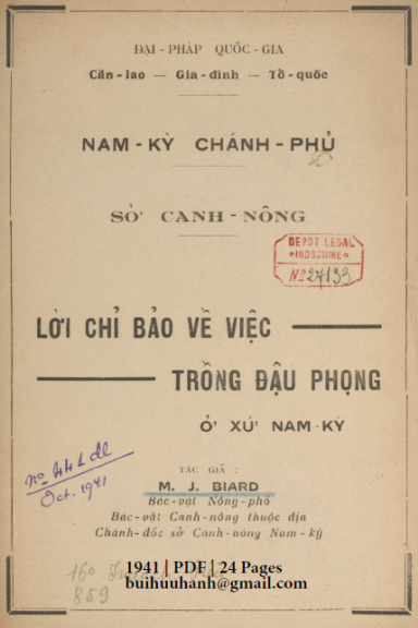Lời Chỉ Bảo Về Việc Trồng Đậu Phọng Ở Xứ Nam Kỳ (NXB Khoa Học 1941) - M. J. Biard, 24 Trang