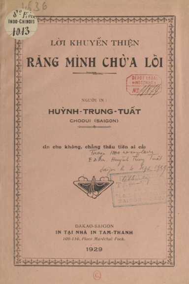 Lời Khuyến Thiện Răng Mình Chừa Lỗi (NXB Tam Thanh 1929) - Huỳnh Trung Tuất, 16 Trang