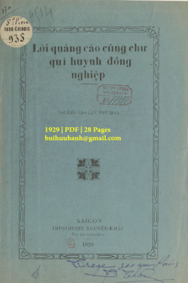 Lời Quảng Cáo Cùng Chư Quí Huynh Đồng Nghiệp (NXB Nguyễn Khác 1929) - Đặng Ngọc Phan, 28 Trang