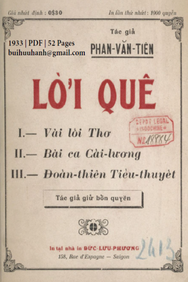 Lời Quê (NXB Đức Lưu Phương 1933) - Phan Văn Tiên, 52 Trang