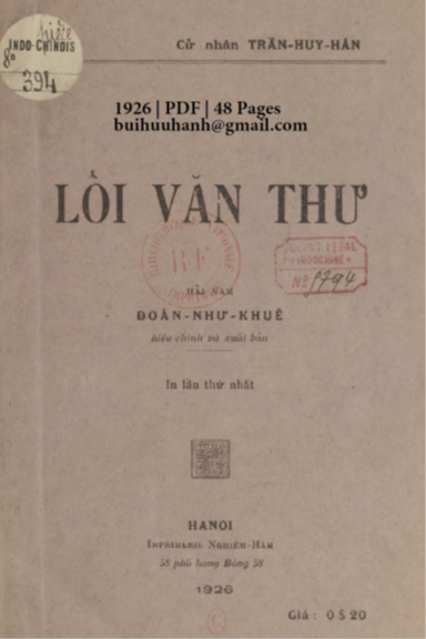 Lối Văn Thư (NXB Nghiêm Hàm 1926) - Trần Huy Hân, 48 Trang