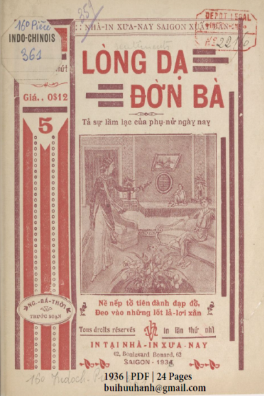 Lòng Dạ Đờn Bà Cuốn 1-2 (NXB Xưa Nay 1936) - Nguyễn Bá Thời, 44 Trang