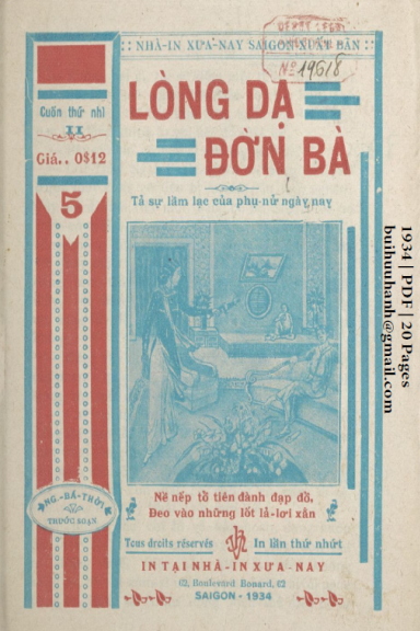 Lòng Dạ Đờn Bà Cuốn 2 (NXB Xưa Nay 1934) - Nguyễn Bá Thời, 20 Trang