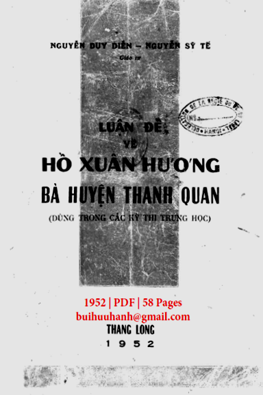 Luận Đề Về Hồ Xuân Hương Bà Huyện Thanh Quan (NXB Thăng Long 1952) - Nguyễn Duy Diễn, 58 Trang