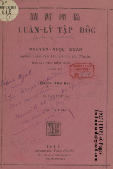 Luân Lý Tập Độc Quyển 2 (NXB Thực Nghiệp 1927) - Nguyễn Ngọc Xuân, 40 Trang