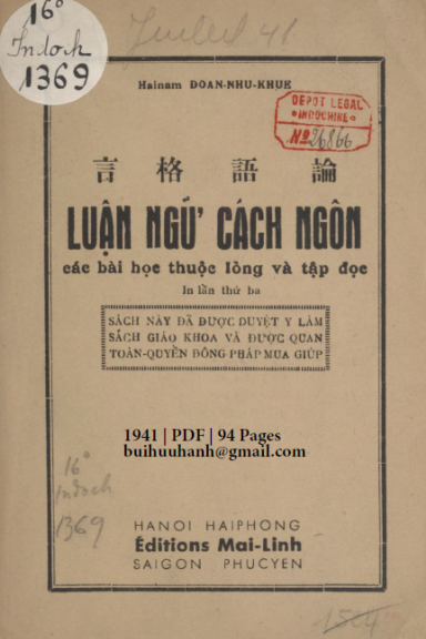 Luận Ngữ Cách Ngôn (NXB Mai Lĩnh 1941) - Đoàn Như Khuê, 94 Trang