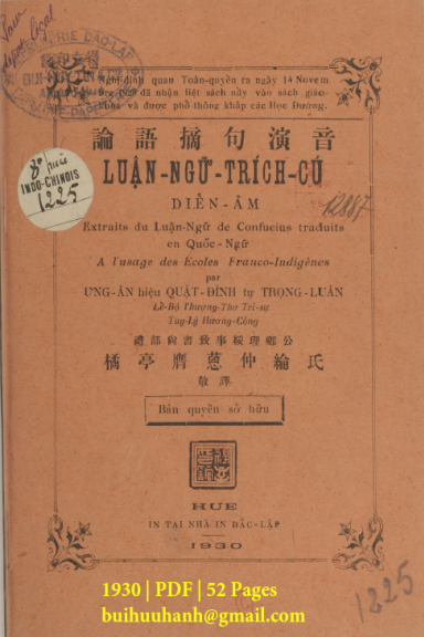 Luận Ngữ Trích Cú Diễn Âm (NXB Đắc Lập 1930) - Quật Đình, 52 Trang