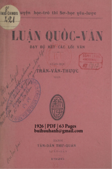 Luận Quốc Văn (NXB Tân Dân 1926) - Trần Văn Thược, 63 Trang