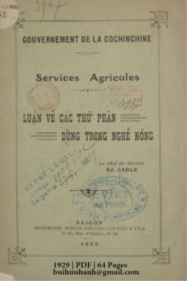 Luận Về Các Thứ Phân Dùng Trong Nghề Nông (NXB Nguyễn Văn Viết 1929) - Edmond Carle, 64 Trang