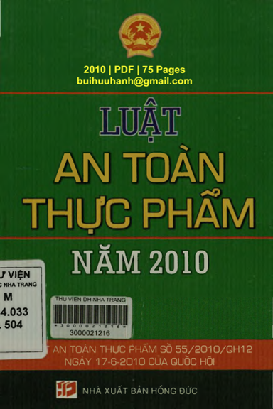 Luật An Toàn Thực Phẩm Năm 2010 (NXB Hồng Đức 2010) - Hoàng Anh, 75 Trang