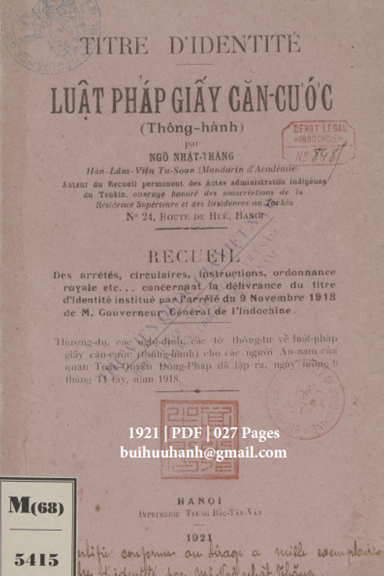 Luật Pháp Giấy Căn Cước (NXB Trung Bắc Tân Văn 1921) - Ngô Nhật Thăng, 27 Trang