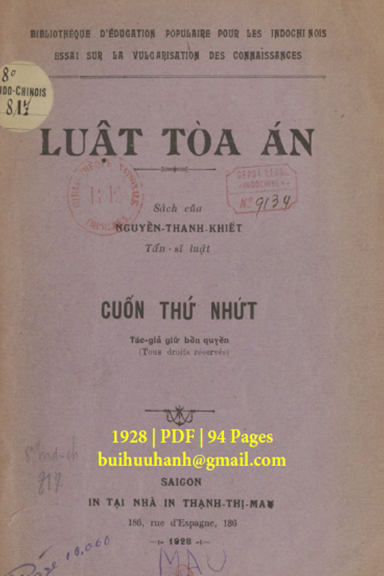 Luật Tòa Án Cuốn I (NXB Thạnh Thị Mậu 1928) - Nguyễn Thanh Khiết, 94 Trang