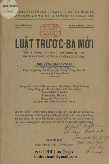 Luật Trước Bạ Mới (NXB Tân Dân 1937) - Nguyễn Quang Thái, 106 Trang