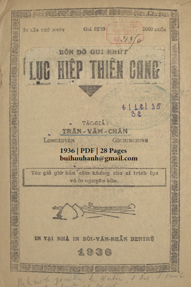 Lục Hiệp Thiên Cang (NXB Bùi Văn Nhẫn 1936) - Trần Văn Chấn, 28 Trang