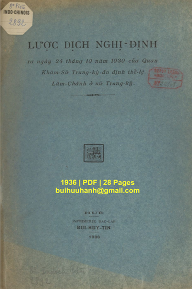 Lược Dịch Nghị Định Ra Ngày 24 Tháng 10 Năm 1930 Của Quan Khâm Sứ Trung Kỳ Ấn Định Thể Lệ Lâm Chánh