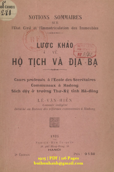 Lược Khảo Về Hộ Tịch Và Địa Bạ (NXB Nghiêm Hàm 1925) - Lê Văn Hiển, 116 Trang