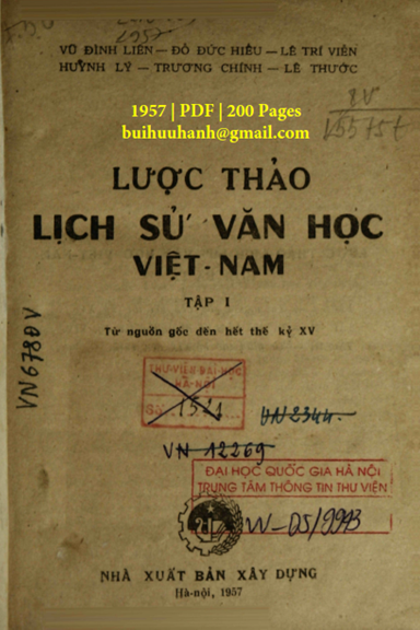 Lược Thảo Lịch Sử Văn Học Việt Nam Tập 1 (NXB Xây Dựng 1957) - Vũ Đình Liên, 200 Trang
