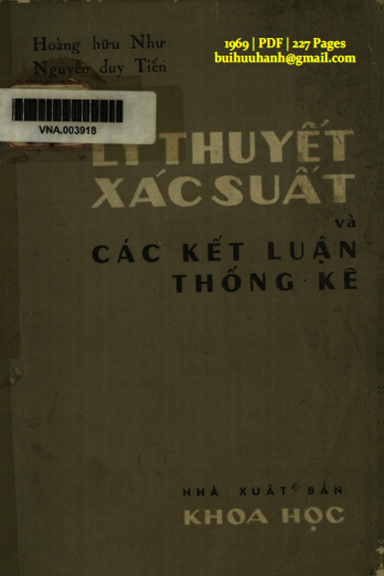 Lý Thuyết Xác Suất Và Các Kết Luận Thống Kê Tập 1 (NXB Khoa Học 1969) - Hoàng Hữu Như, 227 Trang
