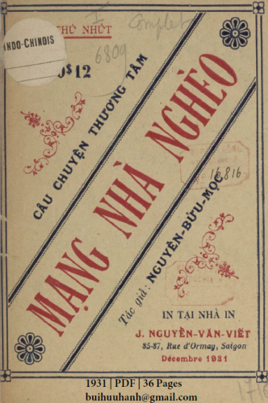 Mạng Nhà Nghèo Cuốn 1 (NXB Nguyễn Văn Viết 1931) - Nguyễn Bửu Ngọc, 36 Trang