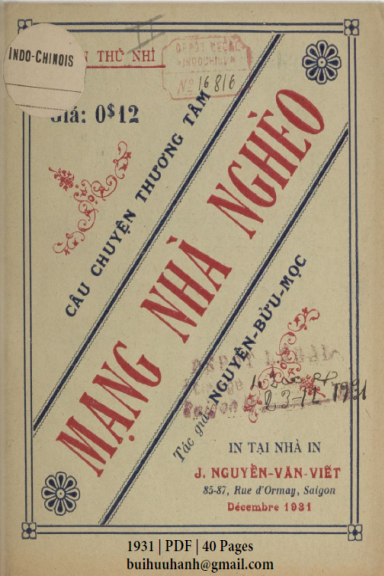 Mạng Nhà Nghèo Cuốn 2 (NXB Nguyễn Văn Viết 1931) - Nguyễn Bửu Ngọc, 40 Trang