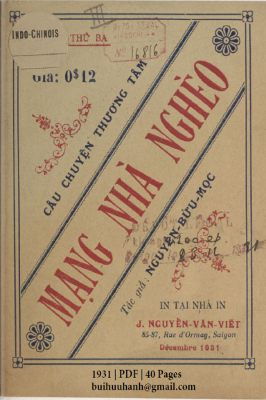 Mạng Nhà Nghèo Cuốn 3 (NXB Nguyễn Văn Viết 1931) - Nguyễn Bửu Ngọc, 40 Trang