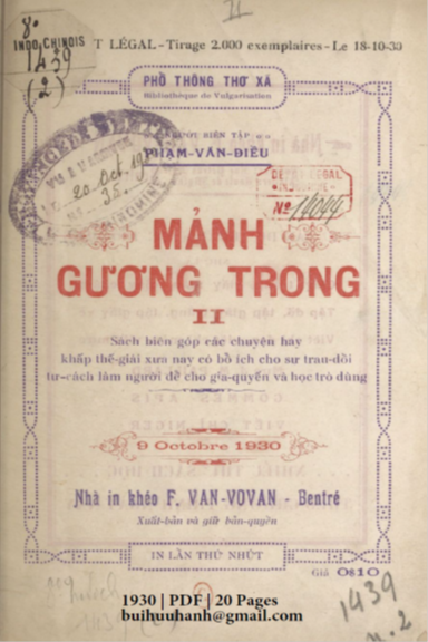 Mảnh Gương Trong Quyển 2 (NXB F. Van-VoVan 1930) - Phạm Văn Điều, 20 Trang