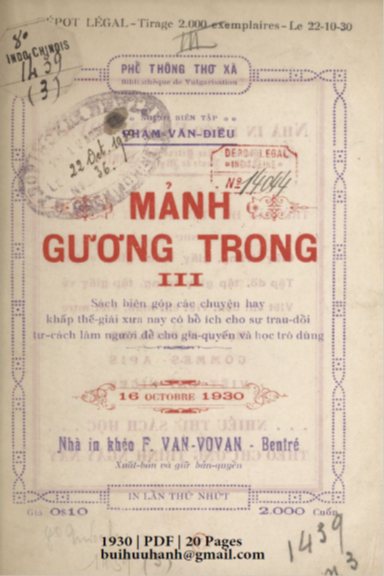 Mảnh Gương Trong Quyển 3 (NXB F. Van-VoVan 1930) - Phạm Văn Điều, 20 Trang