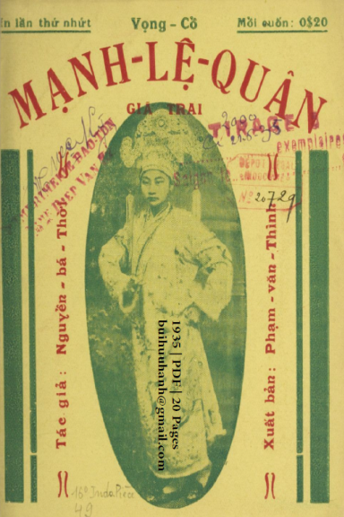 Mạnh Lệ Quân Giả Trai (NXB Bảo Tồn 1935) - Nguyễn Bá Thời, 20 Trang