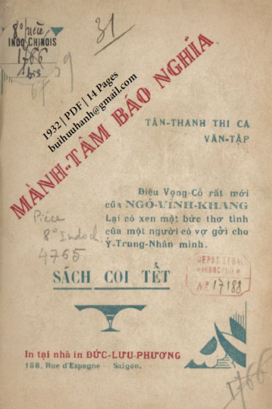 Mảnh Tâm Báo Nghĩa (NXB Đức Lưu Phương 1932) - Ngô Vĩnh Khang, 14 Trang