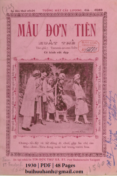 Mẫu Đơn Tiên Xuất Thế (NXB Tín Đức Thư Xã 1930) - Trương Quang Tiền, 48 Trang