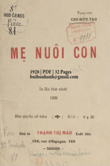 Mẹ Nuôi Con (NXB Thạnh Thị Mậu 1928) - Cao Hữu Tạo, 32 Trang