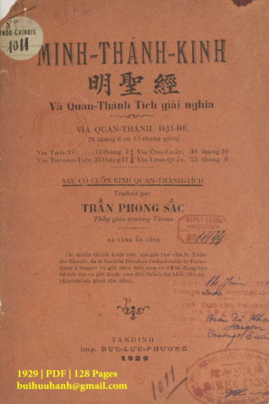 Minh Thánh Kinh Và Quan Thánh Tích Giải Nghĩa (NXB Đức Lưu Phương 1929) - Trần Phong Sắc, 128 Trang