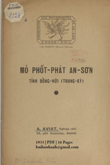 Mỏ Phốt Phát An Sơn Tỉnh Đồng Hới (NXB Trung Bắc Tân Văn 1933) - A. Aviat, 16 Trang