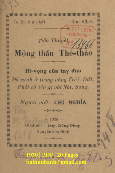 Mộng Thần Thể Thao (NXB Đông Pháp 1930) - Chí Nghỉa, 20 Trang