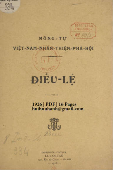 Mông Tự Việt Nam Nhân Thiện Phả Hội Điều Lệ (NXB Lê Văn Tân 1926) - Nhiều Tác Giả, 16 Trang