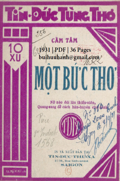 Một Bức Thơ (NXB Tín Đức Thư Xã 1931) - Cẩm Tâm, 36 Trang
