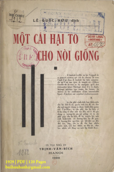 Một Cái Hại To Cho Nòi Giống (NXB Trịnh Văn Bích 1929) - Lê Quốc Hữu, 120 Trang
