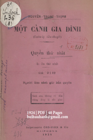 Một Cảnh Gia Đình Quyển 1 (NXB Cao Viên 1924) - Nguyễn Trọng Thịnh, 40 Trang