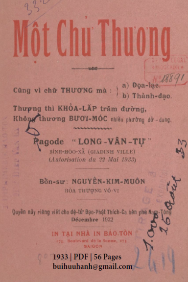 Một Chữ Thương (NXB Bảo Tồn 1933) - Nguyễn Kim Muôn, 56 Trang