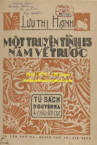 Một Chuyện Tình 15 Năm Về Trước (NXB Á Châu 1944) - Lưu Thị Hạnh, 140 Trang