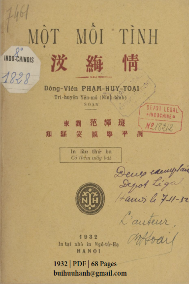 Một Mối Tình (NXB Ngô Tử Hạ 1932) - Phạm Huy Toại, 68 Trang
