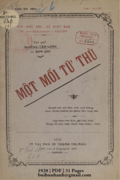 Một Mối Tữ Thù Cuốn 1 (NXB Tín Đức Thư Xã 1928) - Dương Tấn Long, 31 Trang