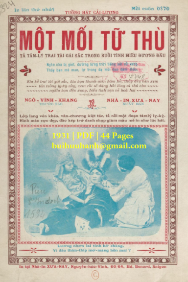 Một Mối Tữ Thù (NXB Xưa Nay 1931) - Ngô Vĩnh Khang, 44 Trang